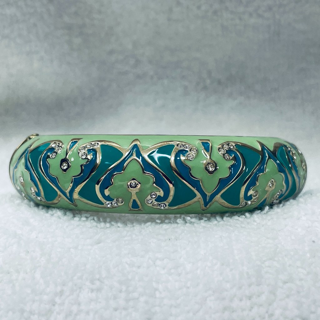 Vguc Sequin Brand Hinged Bangle, Enamel, Rhinestones, Teal, Mint Green, 2 3/8
